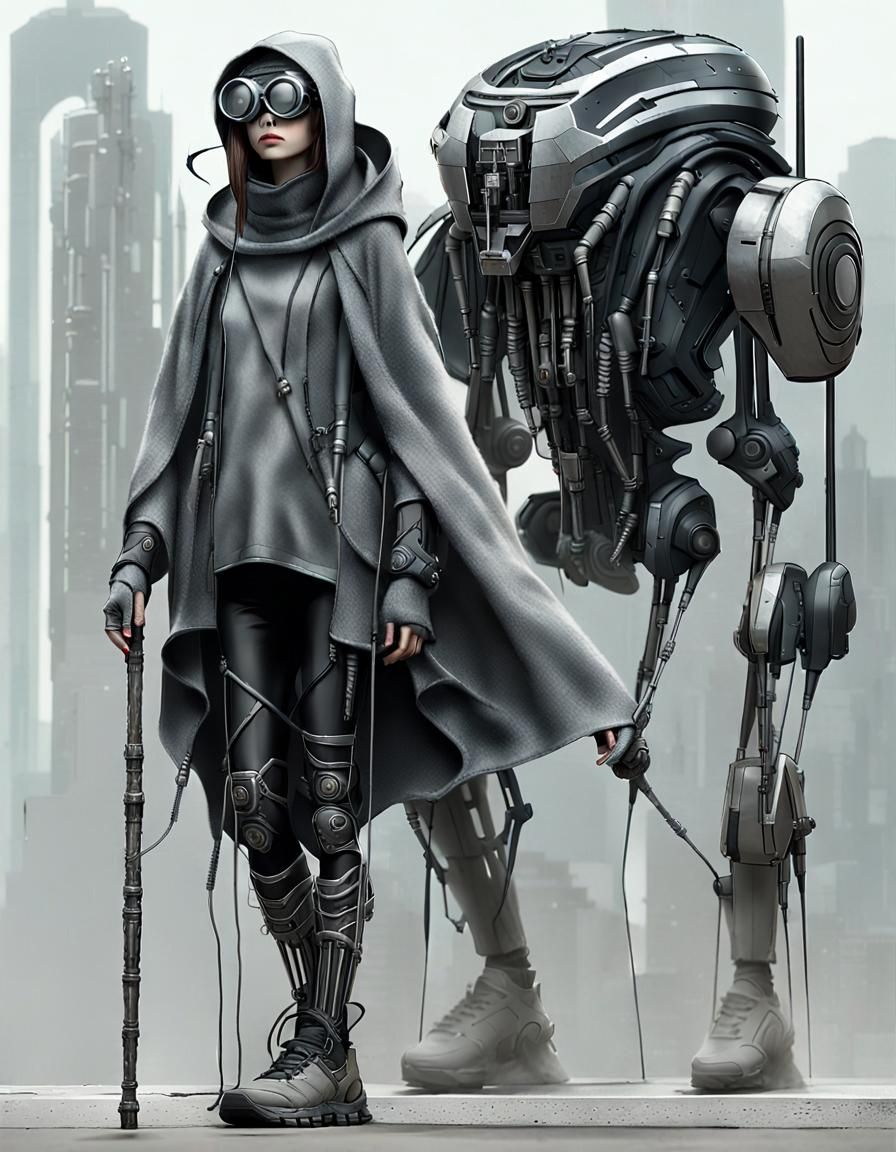 Woman and Robot in Futuristic City, Biomechanical Style
