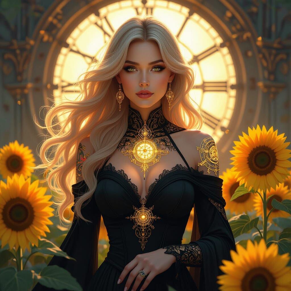 Golden Haired Woman with Clockwork Tattoos in Sunflowers
