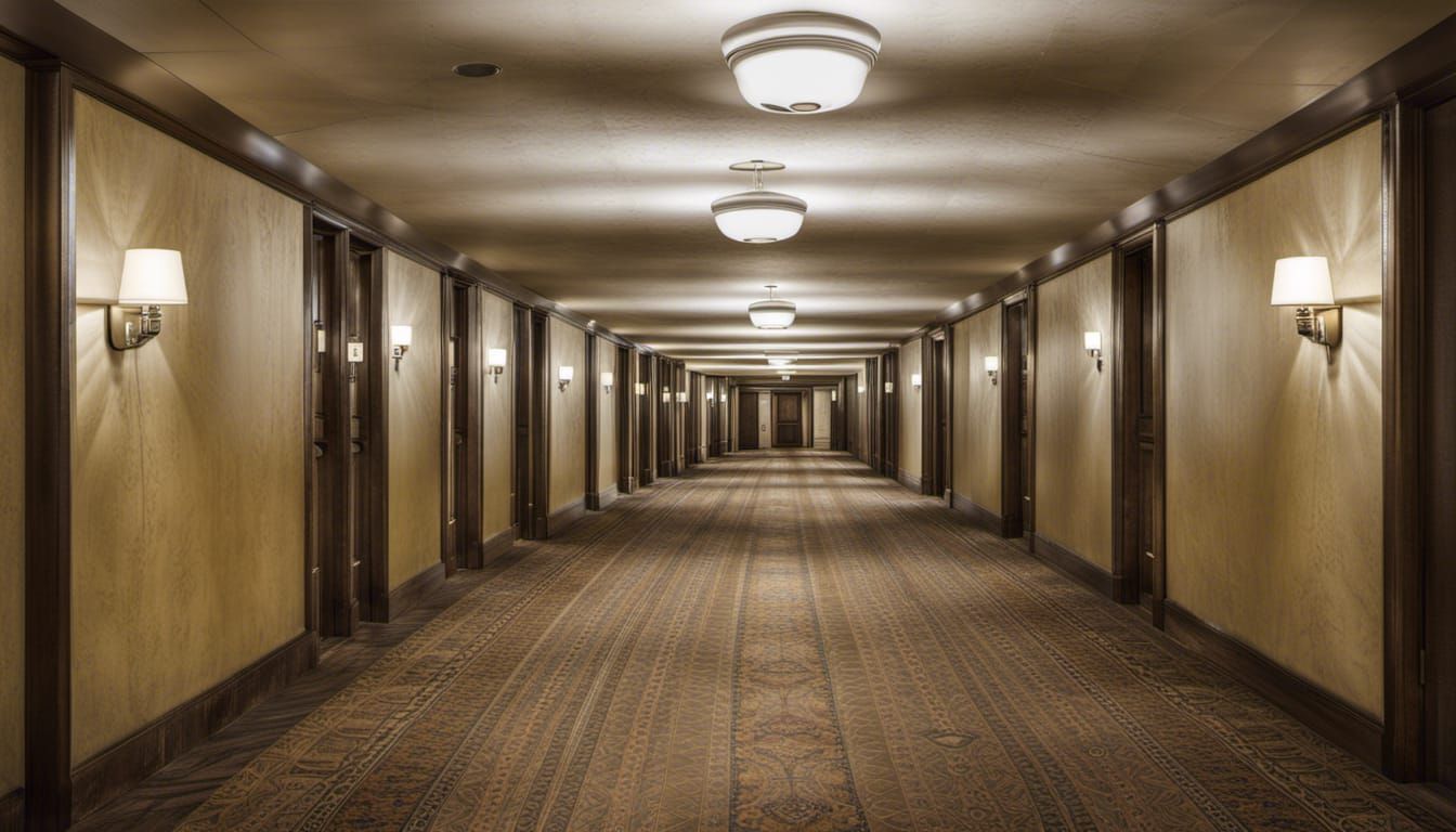 Eerie Liminal Hallway in a Vintage Hotel
