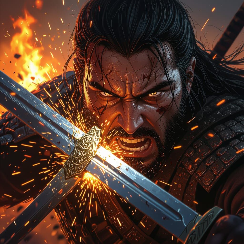 Intense Sword Fight Close-Up with Determined Warrior Eyes