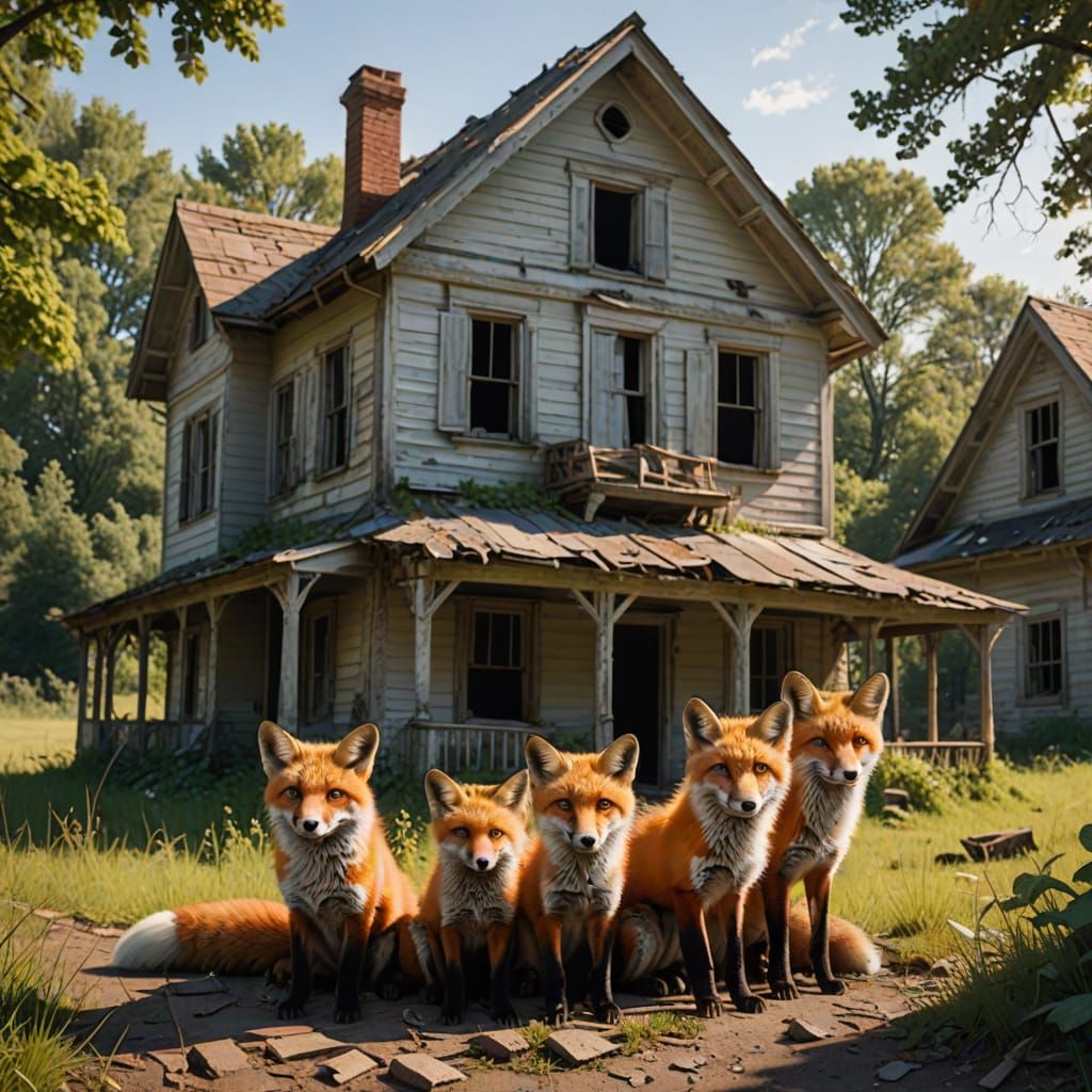 A Fox Family in Abandoned House Scene
