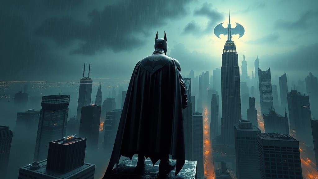 Epic Cinematic Batman Dominates Gothic Gotham Cityscape at D...