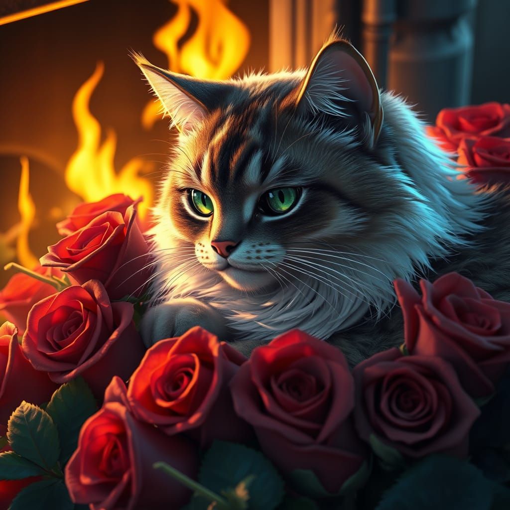 Majestic Cat Amidst Red Roses in Golden Light