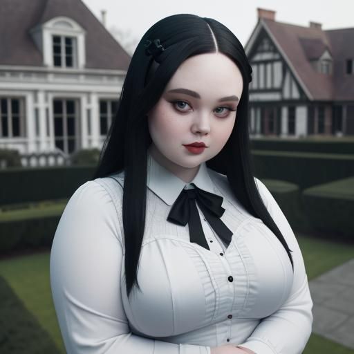 Plus-Size Wednesday Addams Portrait in Old Mansion