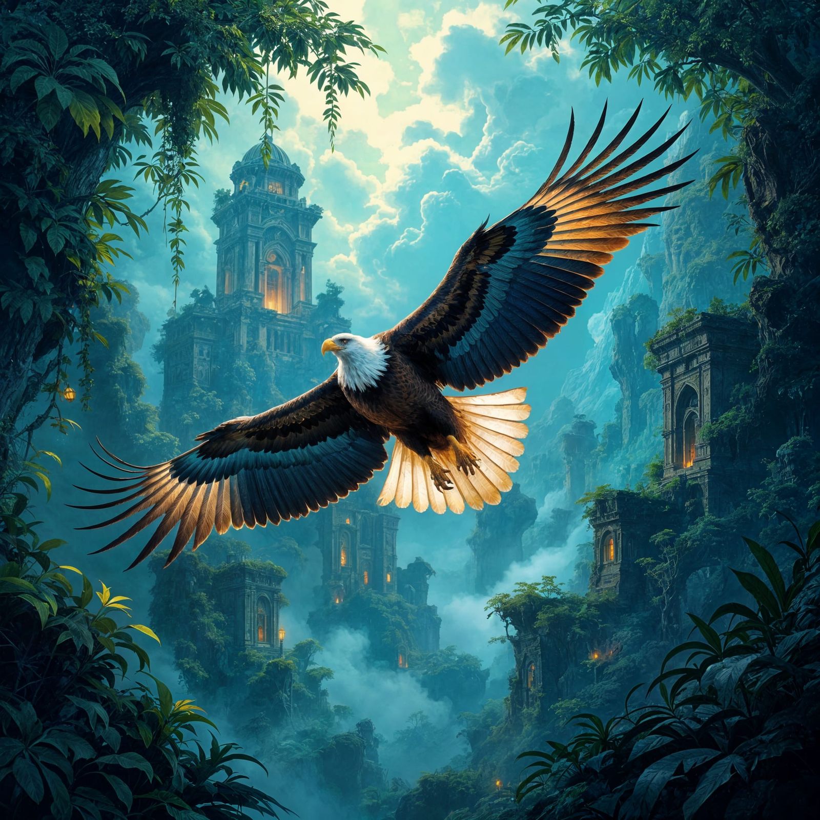 Majestic Eagle Soars Over Alien Jungle
