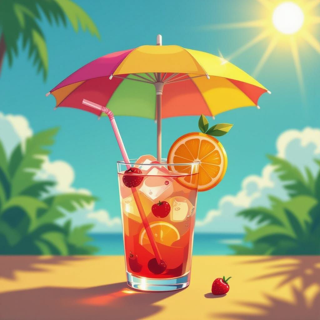 Exotic Fruit Drink Umbrella in Playful Whimsical Style