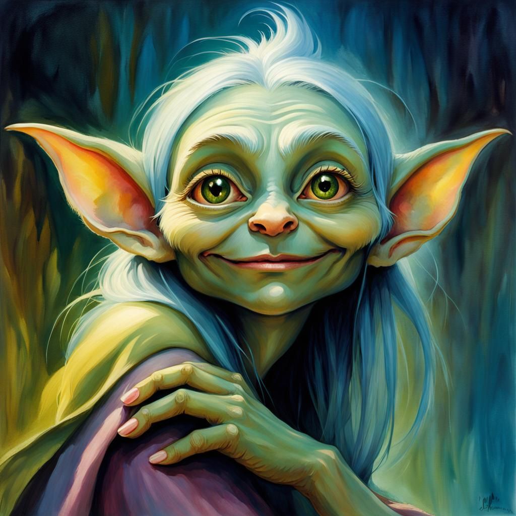 Goblin on Fingertip in Watercolor Fantasy Illustration