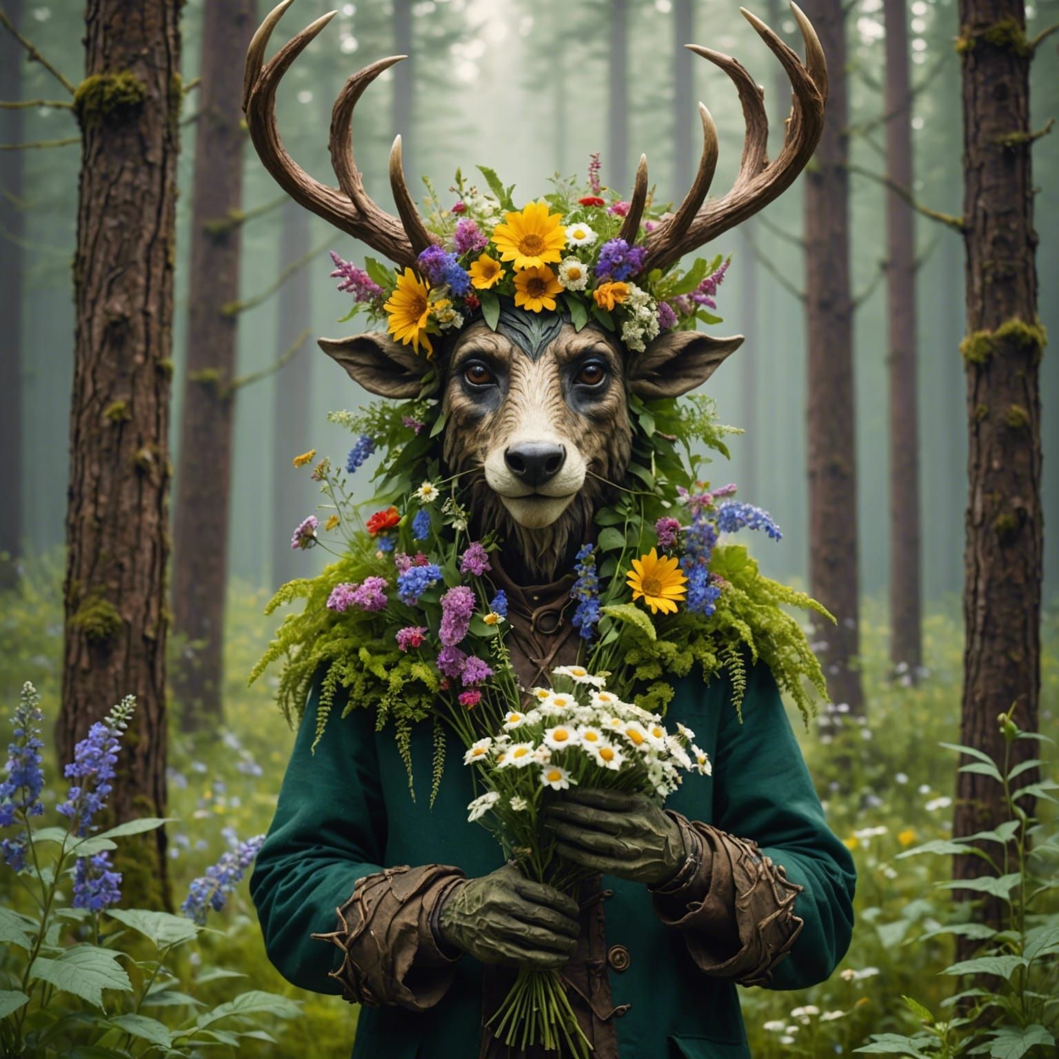 Forest Guardian Smelling Wildflowers: Digital Art