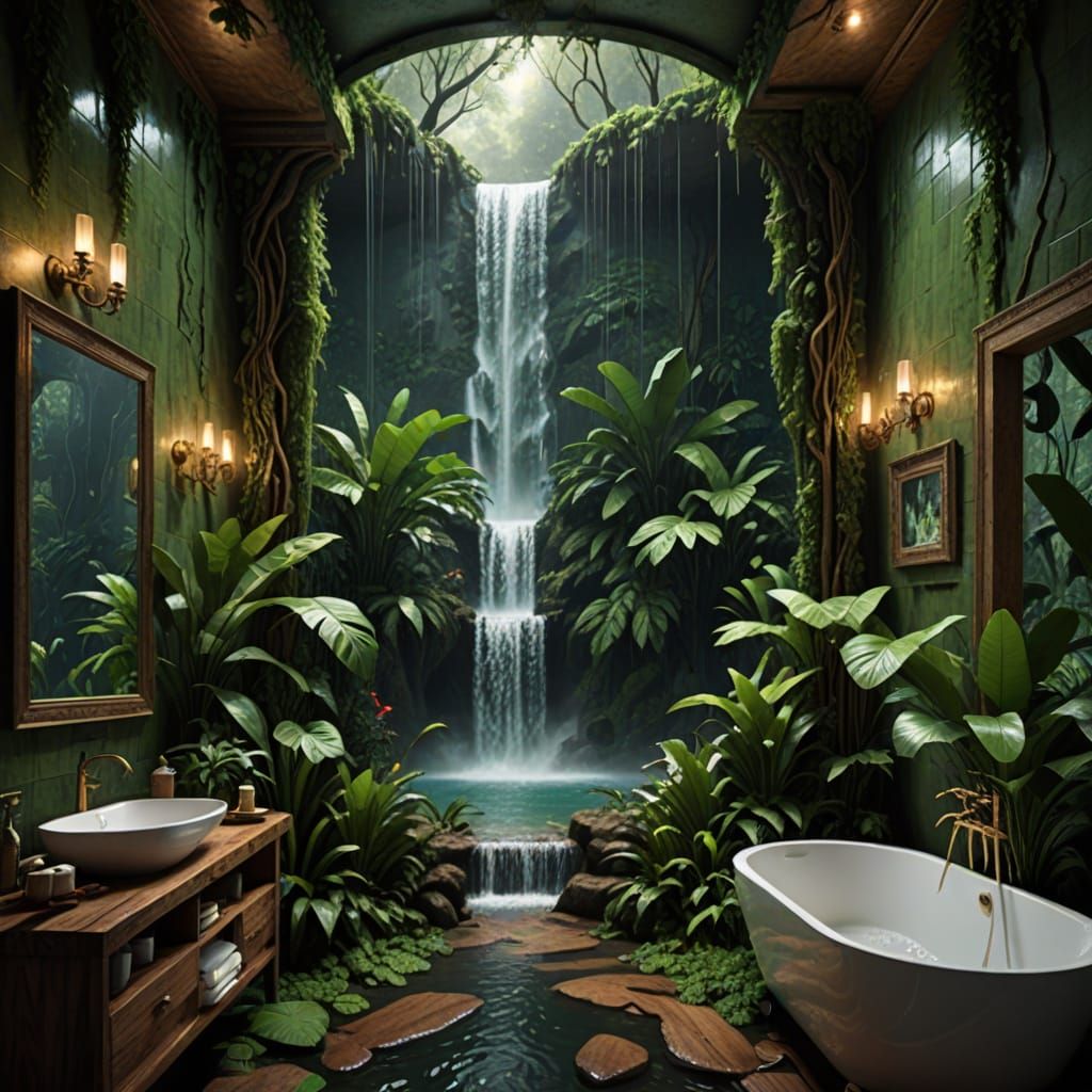 A waterfall running down one wall of a rainforest bathroom a...
