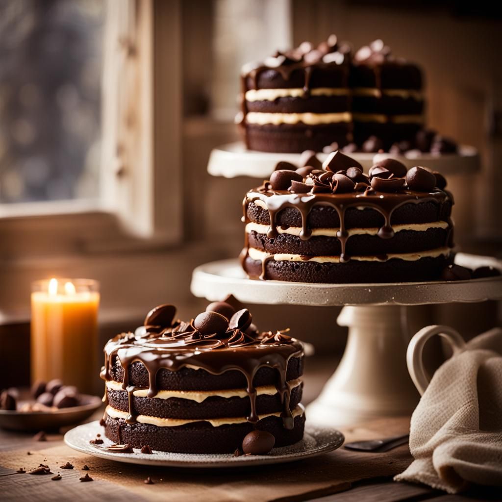 Stacked Chocolate Cakes in Rustic Kitchen: Food Photography