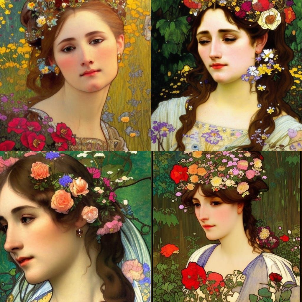 Art Nouveau Lady Portrait in Wildflower Garden