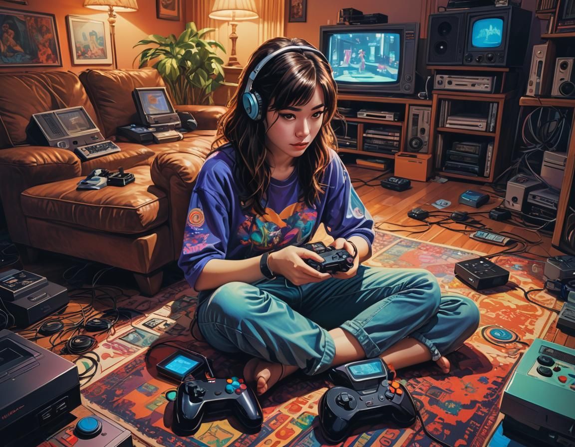 Double Exposure Girl Plays Retro Console