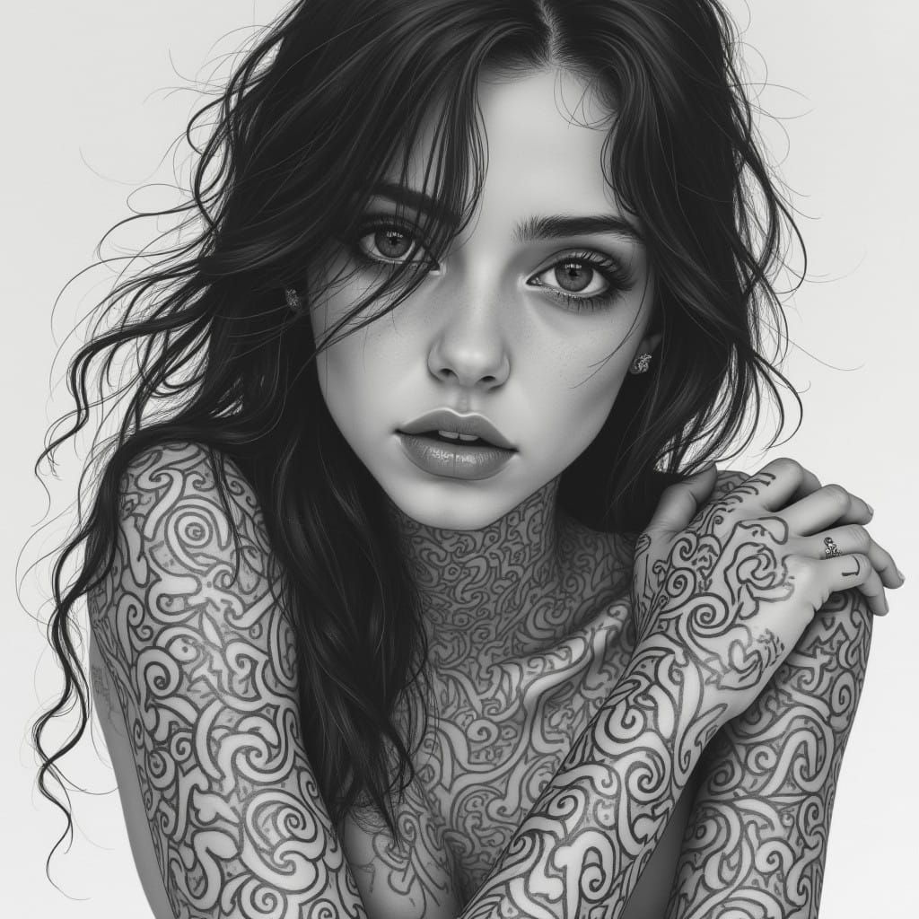 Contemplative Figure in Whimsical Tattoo Art