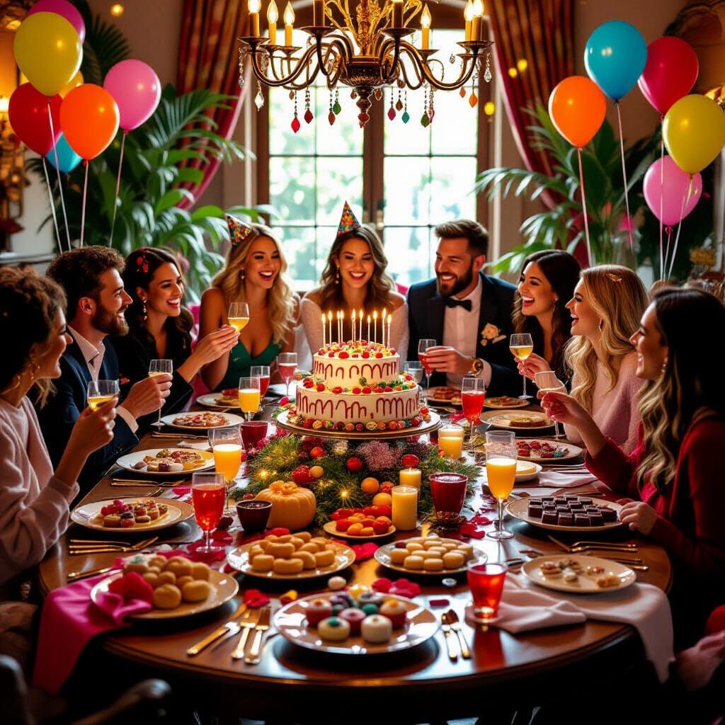 Festive Birthday Feast with Cake and Colorful Decorations