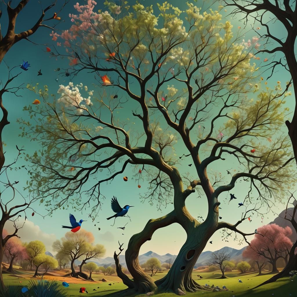 Spring Tree and Bird in Surrealist Style