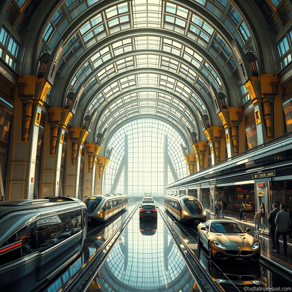 Futuristic Art Deco Transportation Hub with Gleaming Chrome