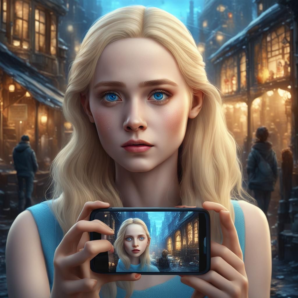 Girl Watches Video Message in Hyperrealistic Digital Art