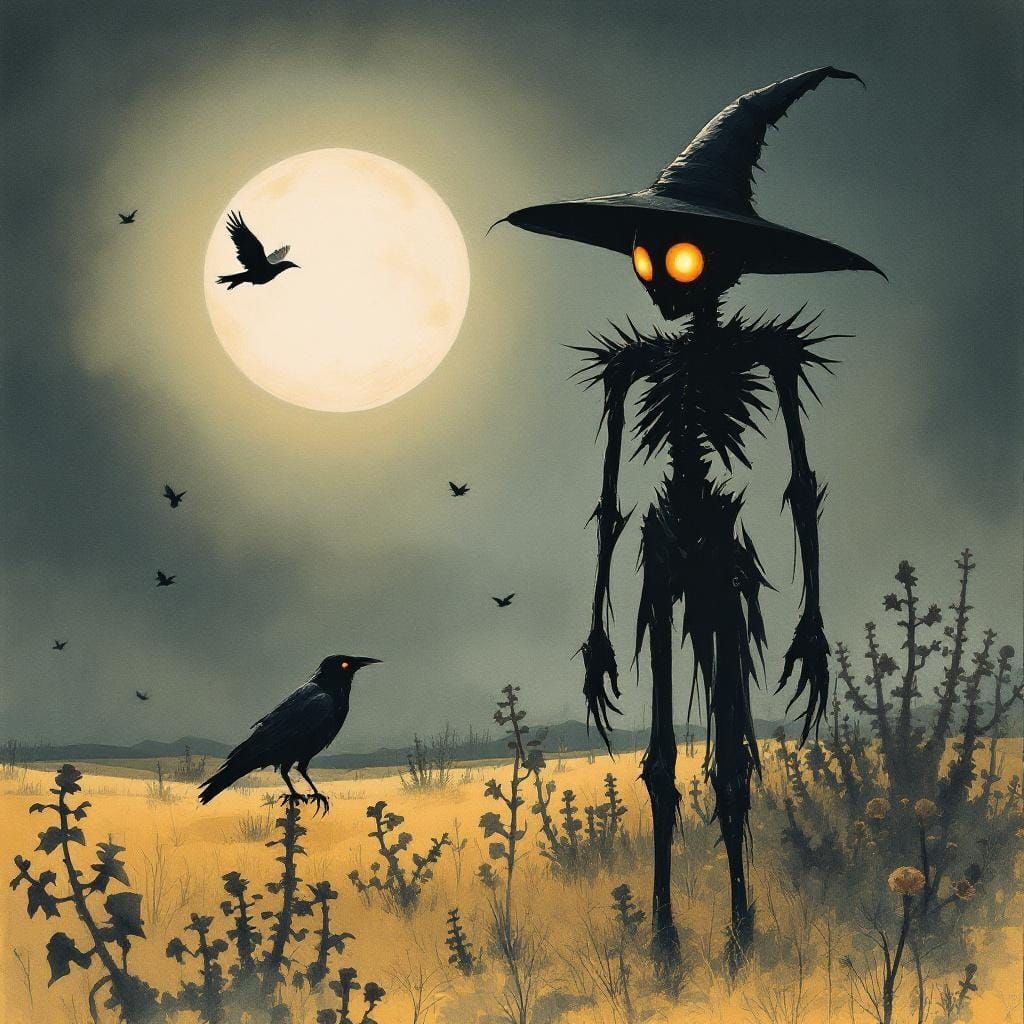 Scarecrow in Witch Hat in Dark Futurism Style