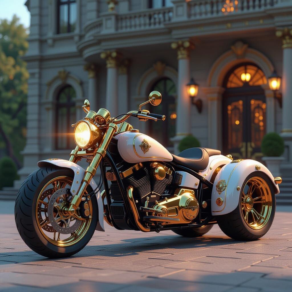 Steampunk Trike Before Victorian Building in 3D Anime Style