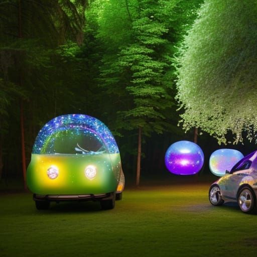 Enchanted Forest Camping Scene with Bubble Cars