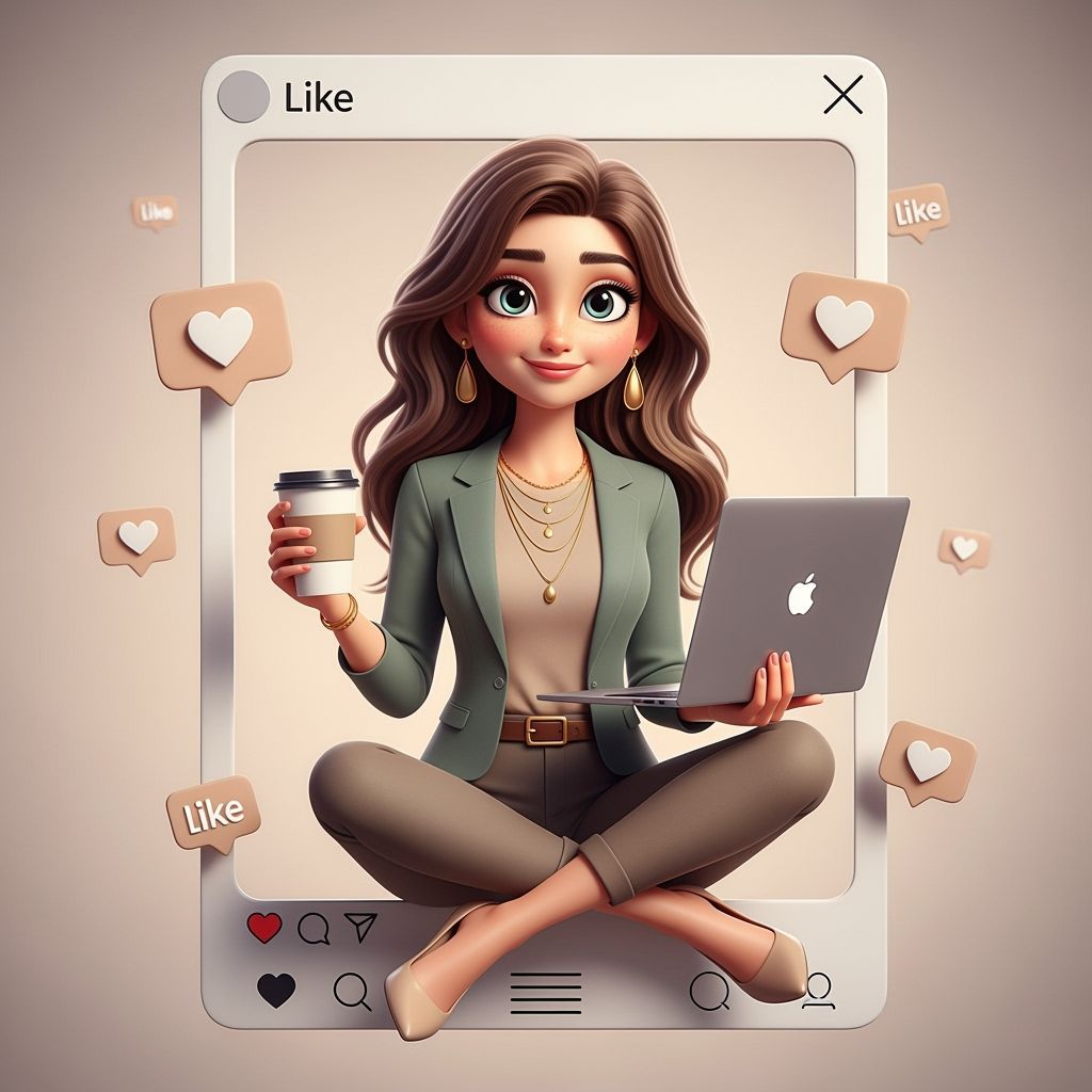 Professional Woman in Instagram Frame with Laptop and Coffee