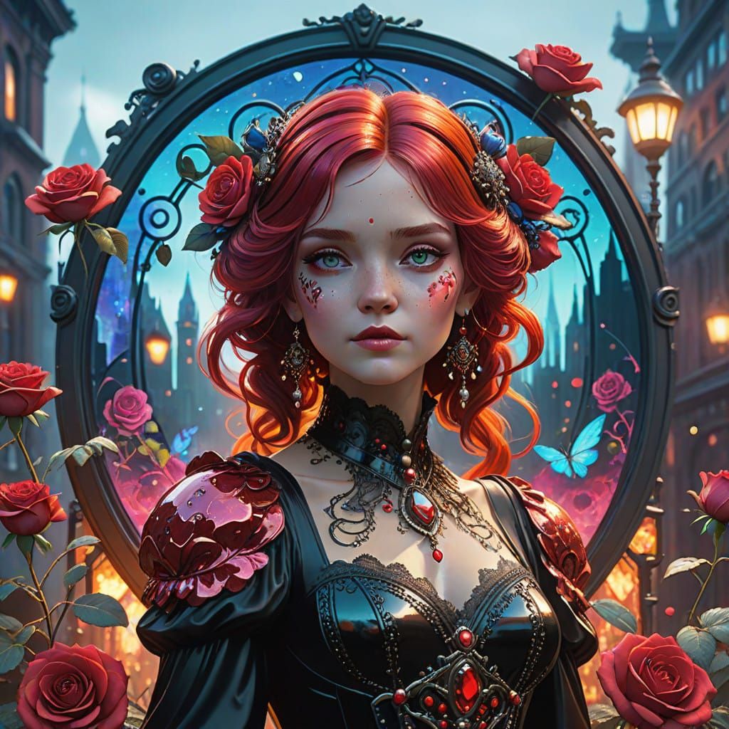 Elegant Woman in Whimsical Red Rose Setting, Victorian-Inspi...