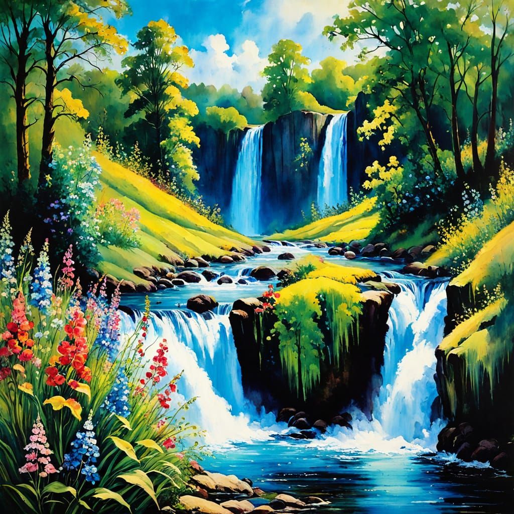 Colorful Cartoon Waterfall Landscape in Alcohol Ink Style