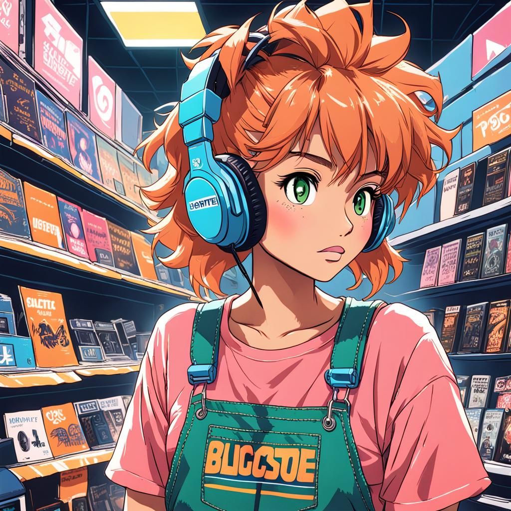 Anime Girl in Blockbuster Video Store with 80s Style