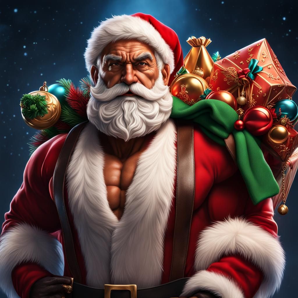 Muscular Santa Claus with Toys, Detailed Matte Painting