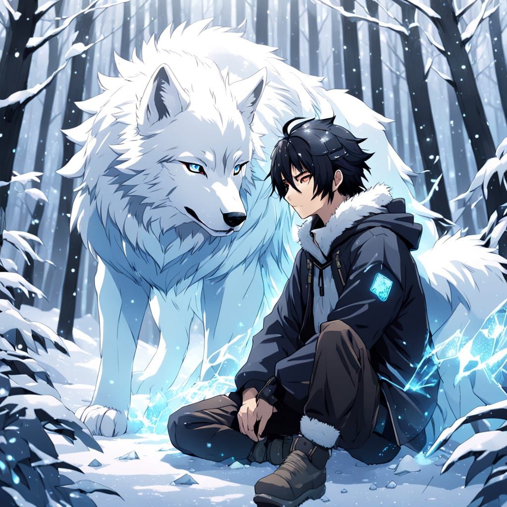 Majestic Wolf and Young Samurai in Snowy Japanese Forest