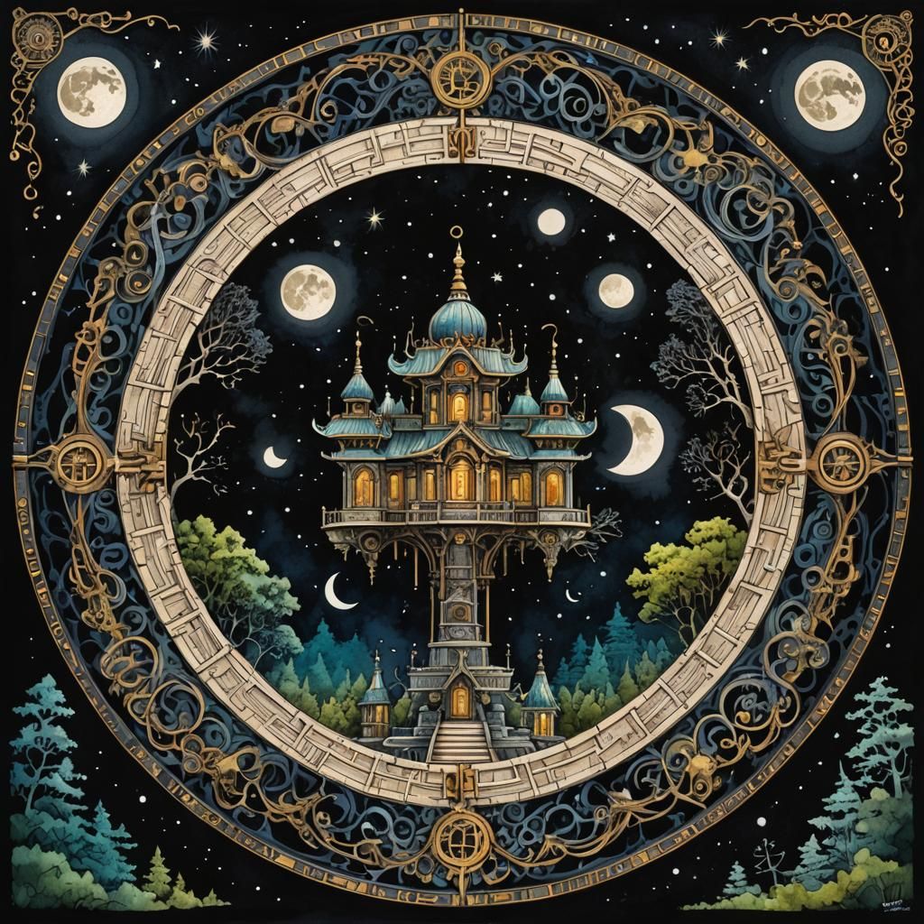 Steampunk Temple Under Full Moon in Watercolor Hues