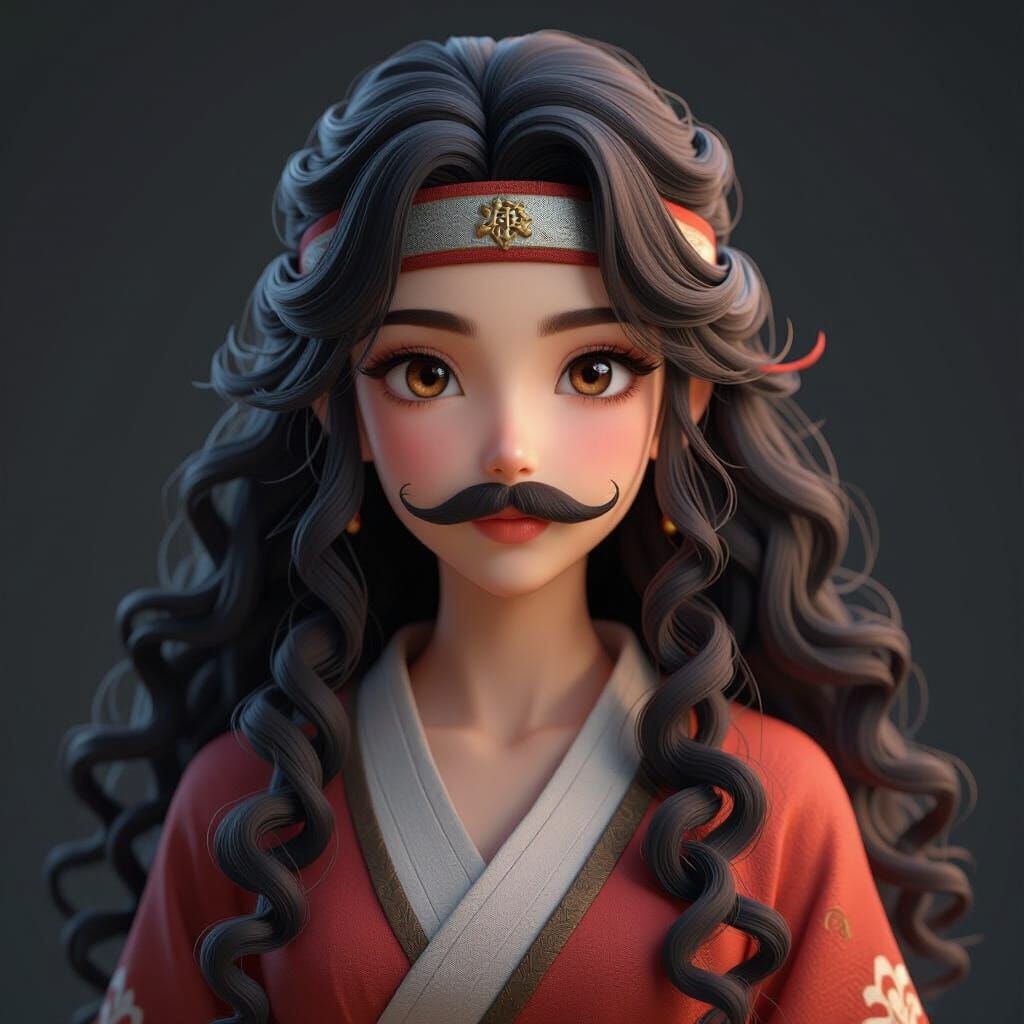 Anime Woman with Long Curly Hair and Grandfather Mustache
