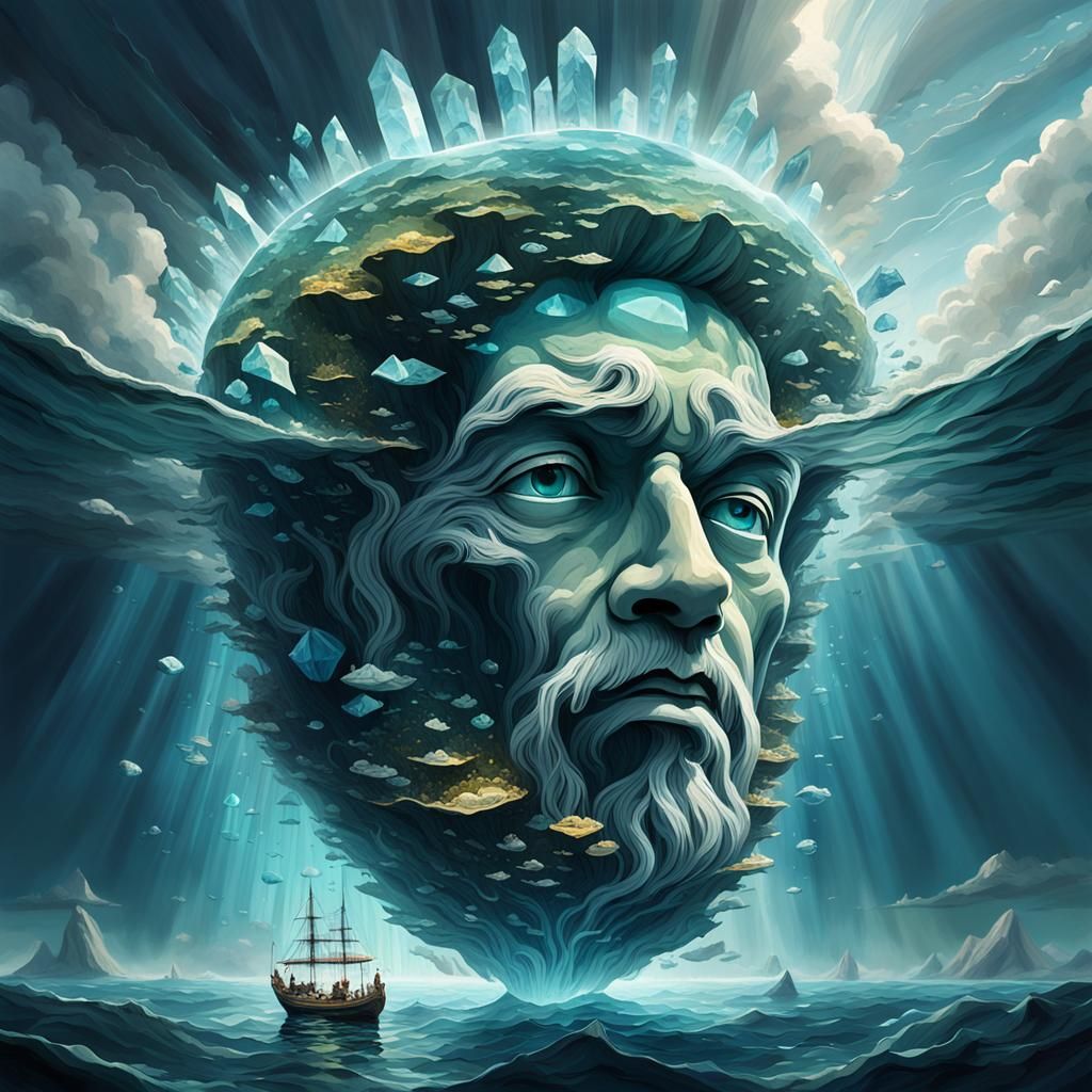 Luminescent Crystal Head Floating in Emotional Seascape