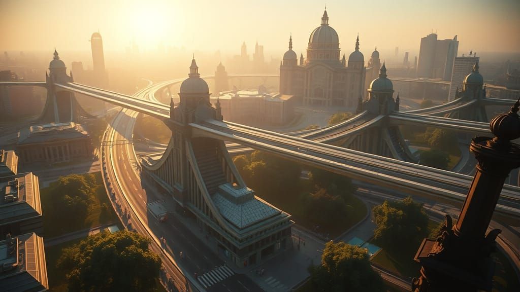 Atompunk Cityscape with Monumental Bridges