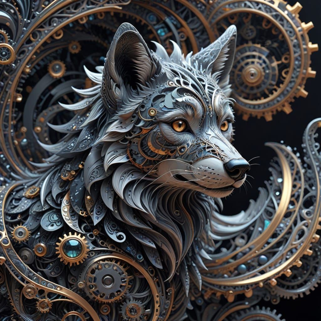 Wolf Emerges from Fractal Silk in Steampunk Style