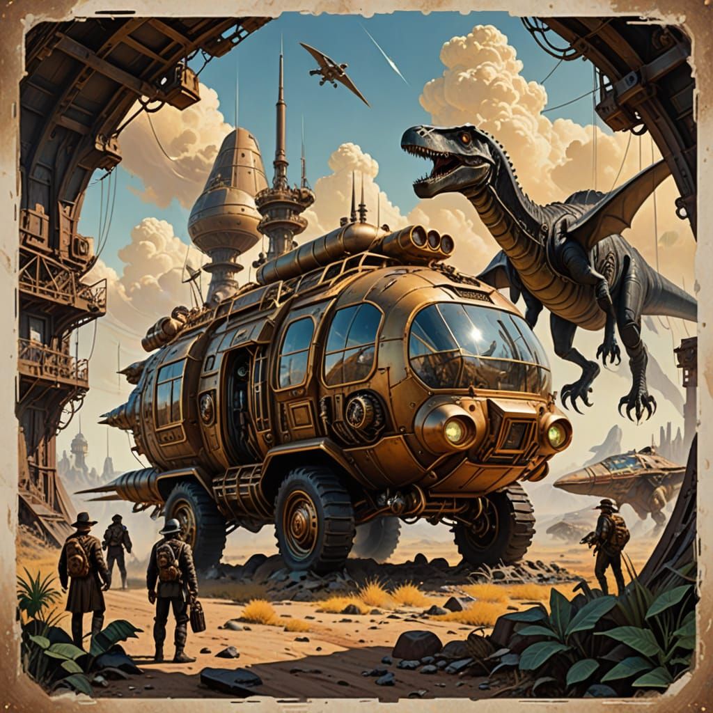 Steampunk Time Machine in Dinosaur Era, Oil Painting
