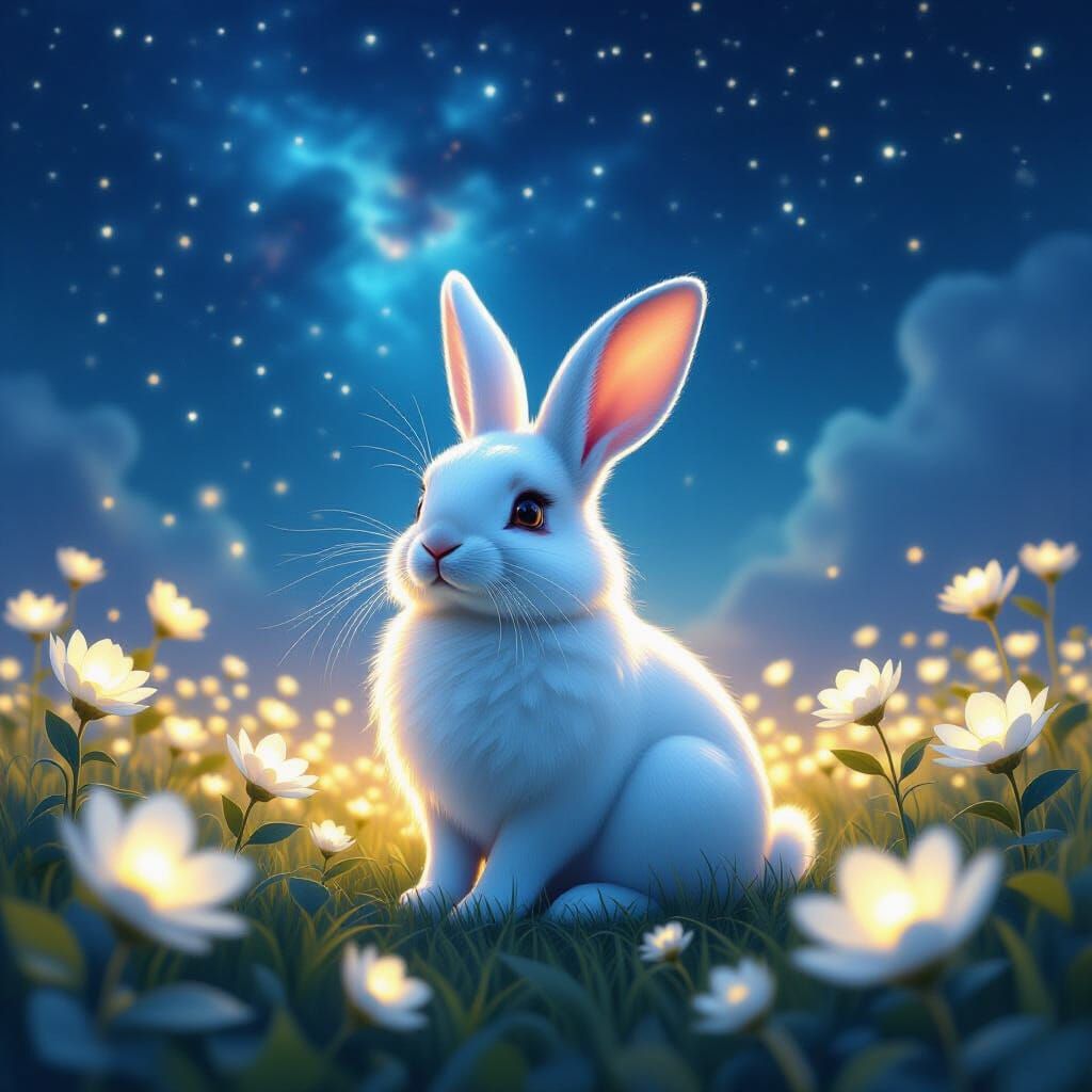 Jade Rabbit in Nebula Sky with Moonflowers