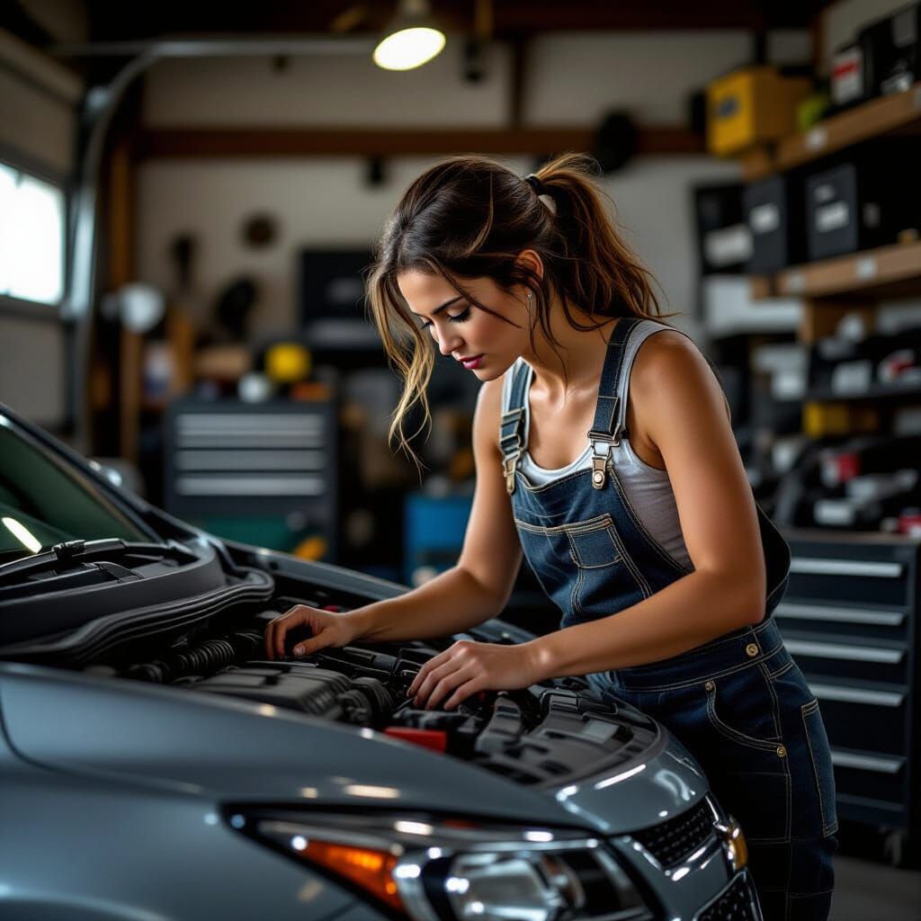 Female Engineer Inspecting Car Engine in Garage