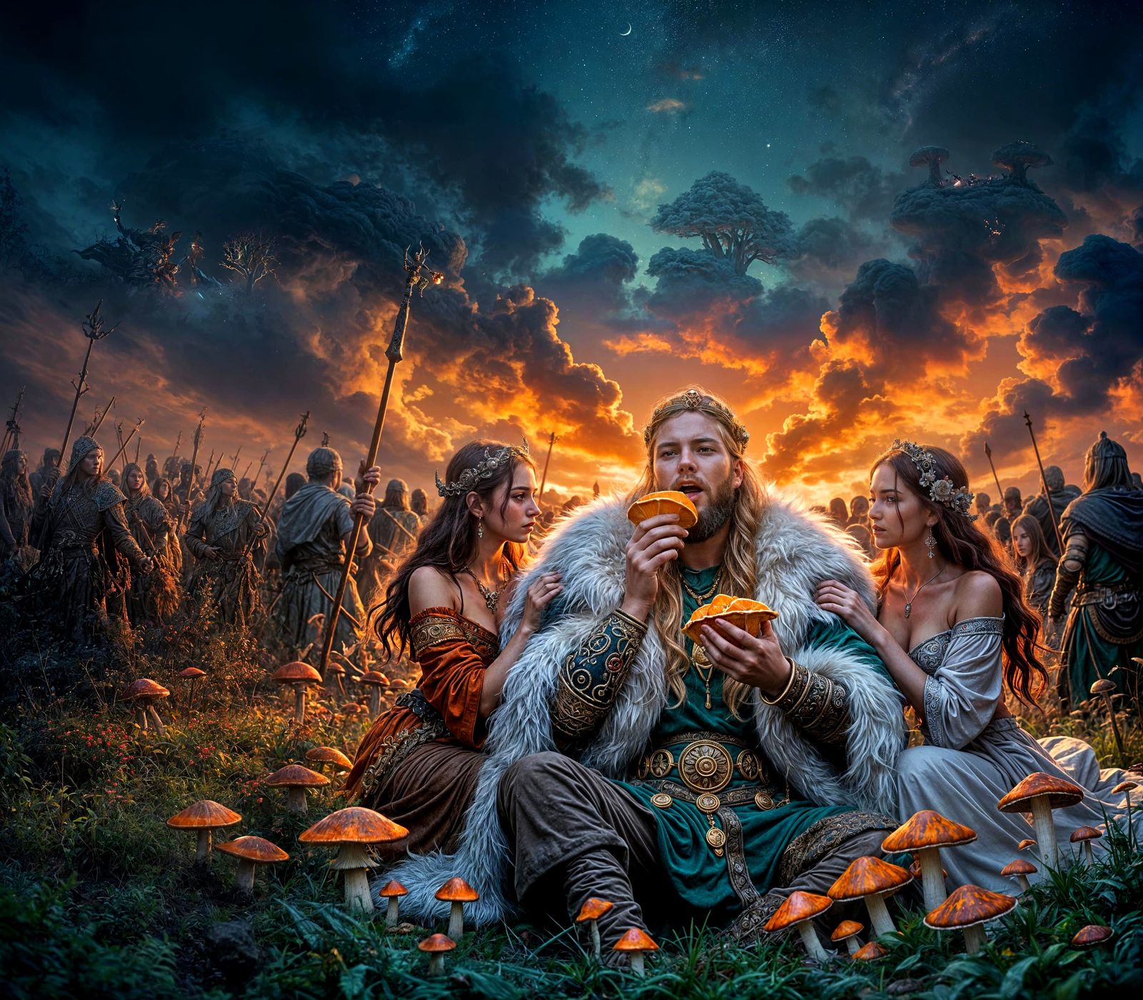 Viking God's Mushroom Feast: A Whimsical Digital Artwork