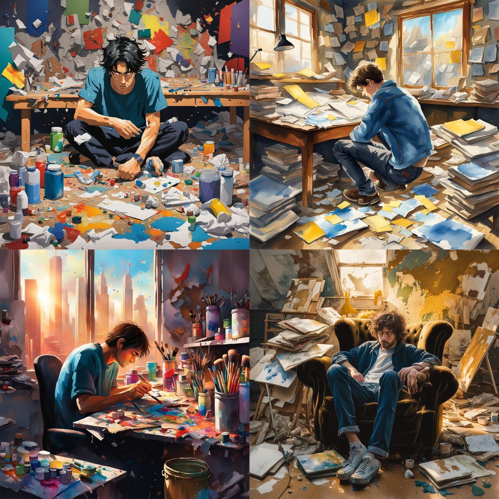 Anime Artist in Studio Surrounded by Paintings