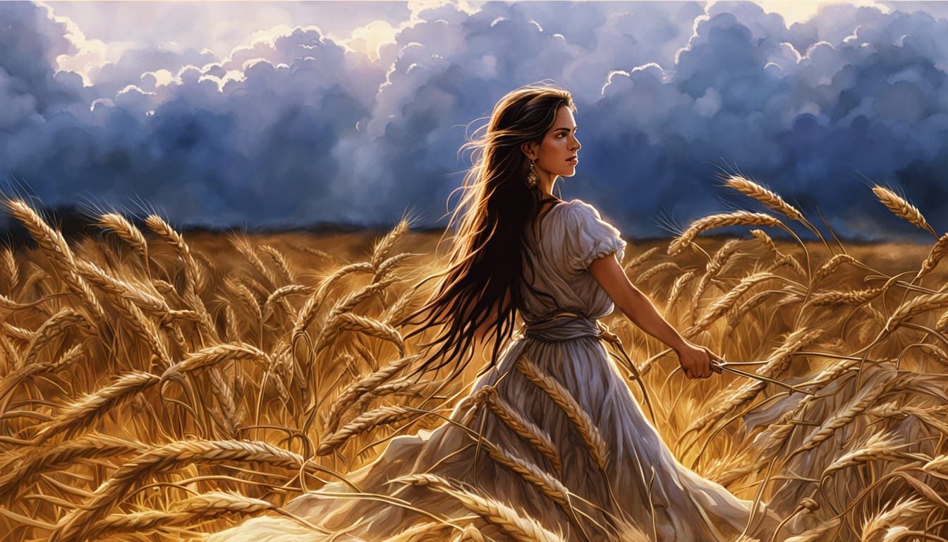 Woman Harvesting Wheat: Vibrant Watercolor Comic Art