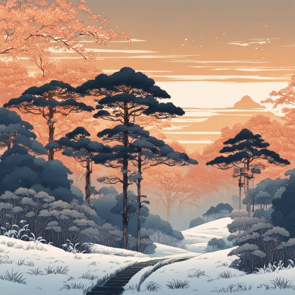 Serene Japanese Traveler in Snowy Jungle