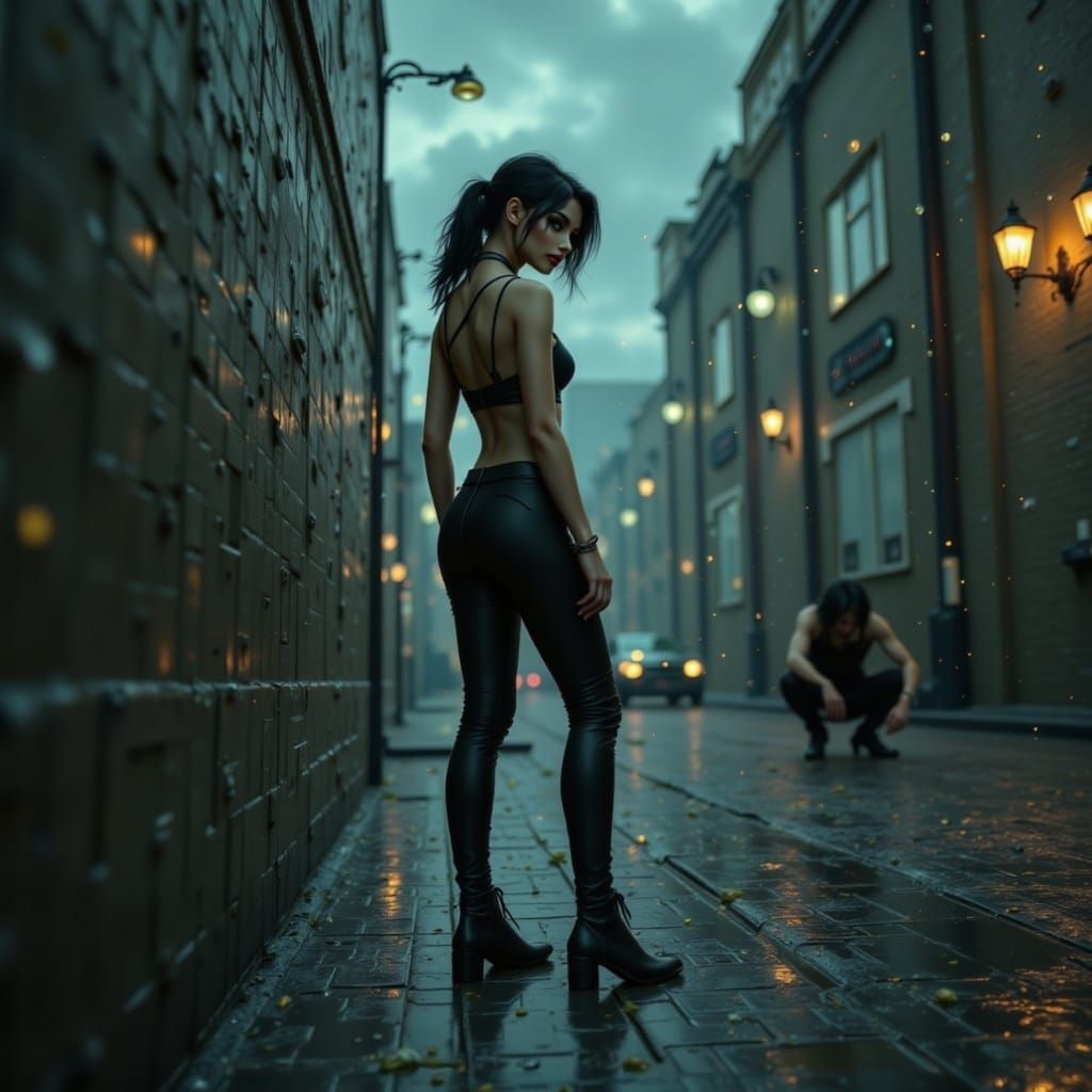 Young Woman Stands Defiant Against a Rainy Cityscape in a Me...