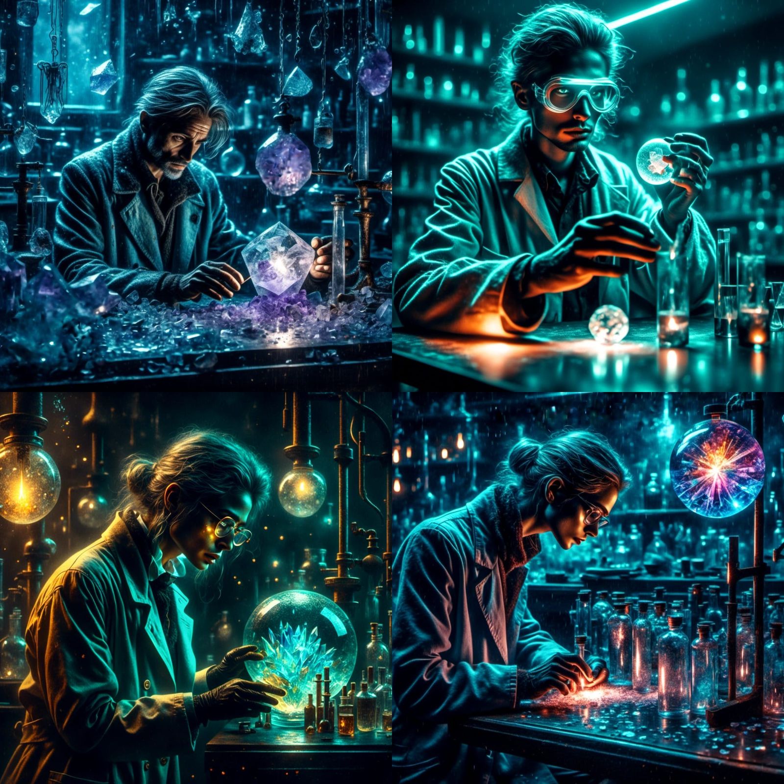 Scientist Examines Crystal in Starry Oil Portrait