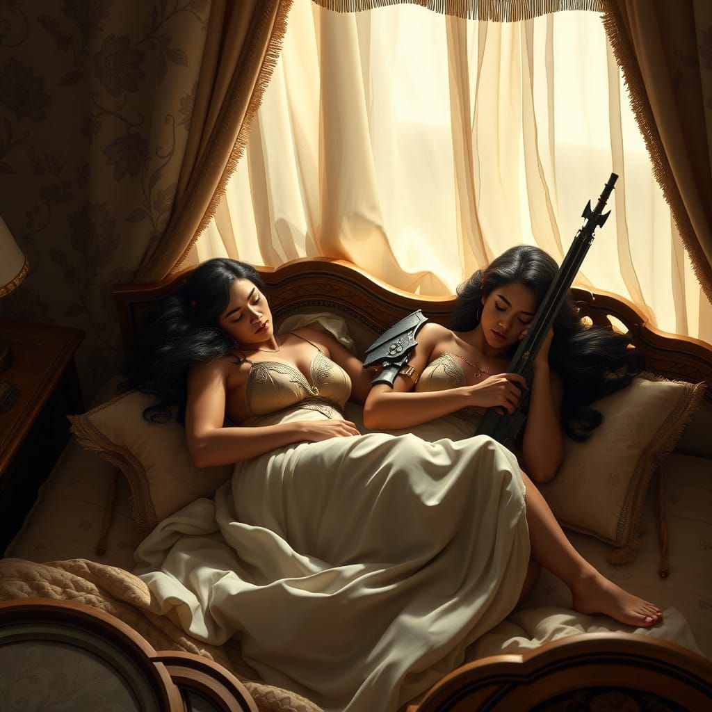 Sophisticated Warrior Women in Ornate Bedroom Scene