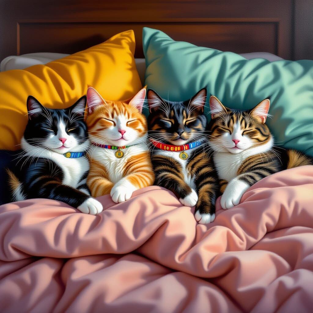 Hyperrealistic Cats Sleeping on Plush Bed