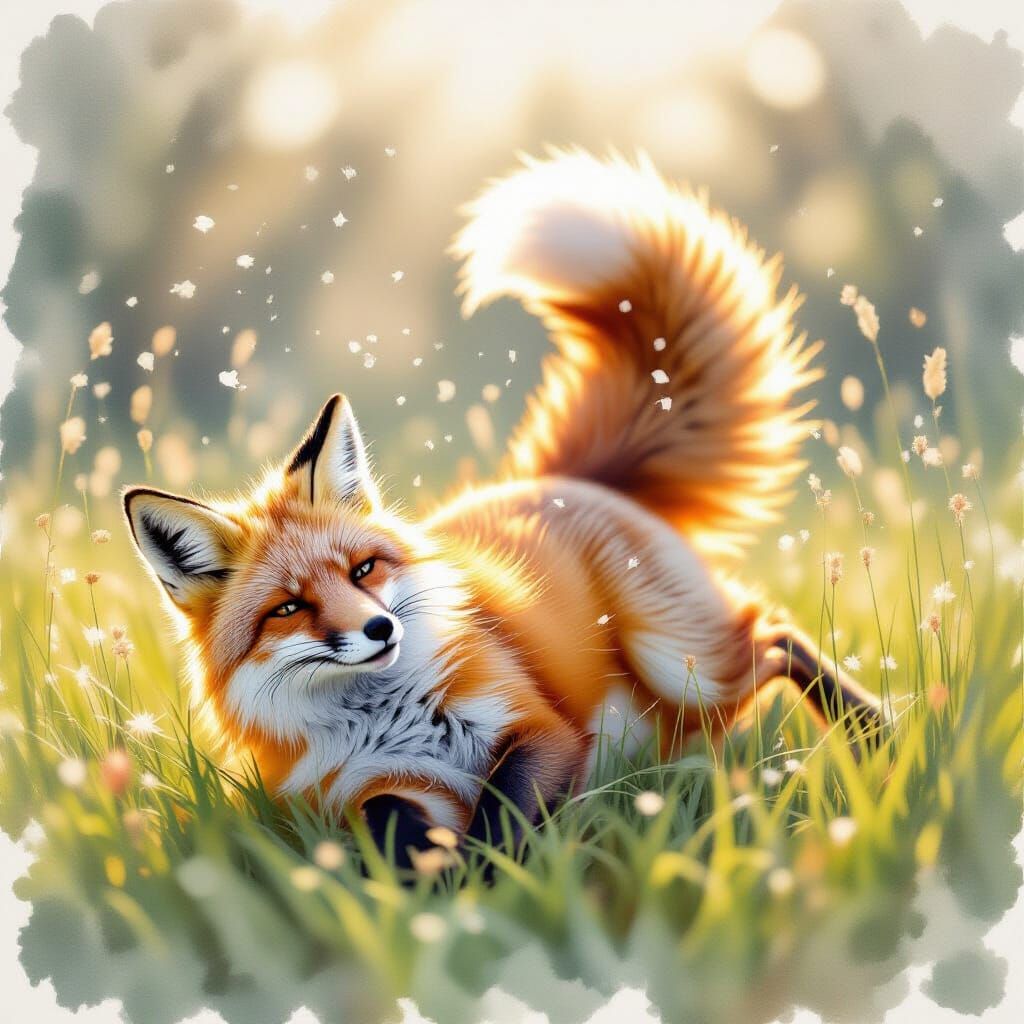 Cool Fox Tumbles in Sunlit Grass, Watercolor Style