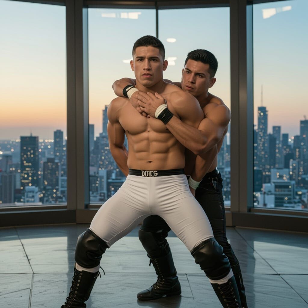 Intense Wrestling Training in Penthouse, Cinematic Lighting