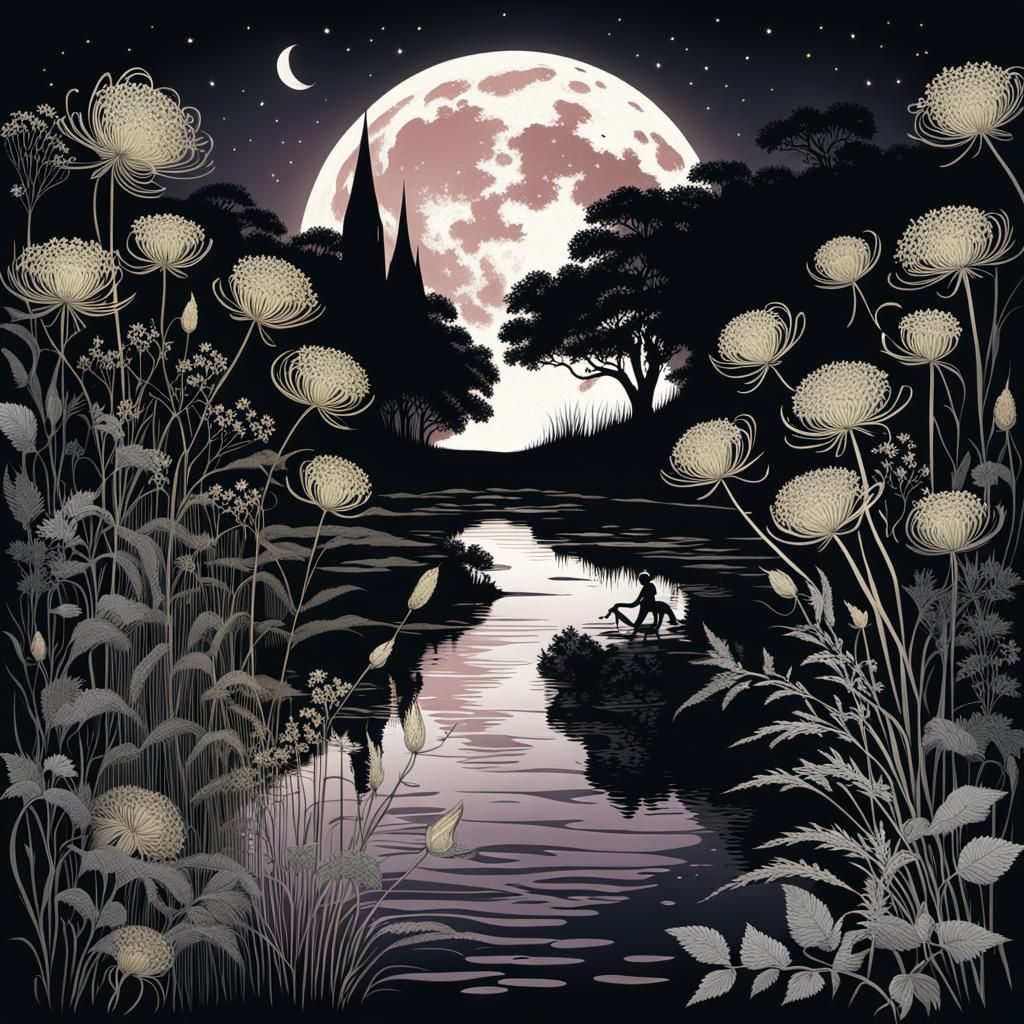 Moonlit River Scene in Black Rose and Honeysuckle