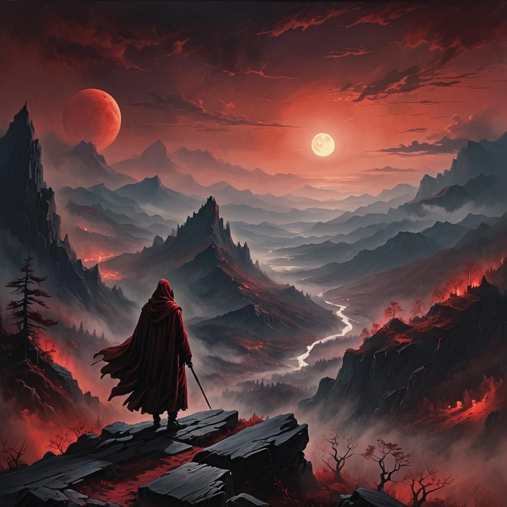 Ethereal Fantasy Landscape with Crimson Moon